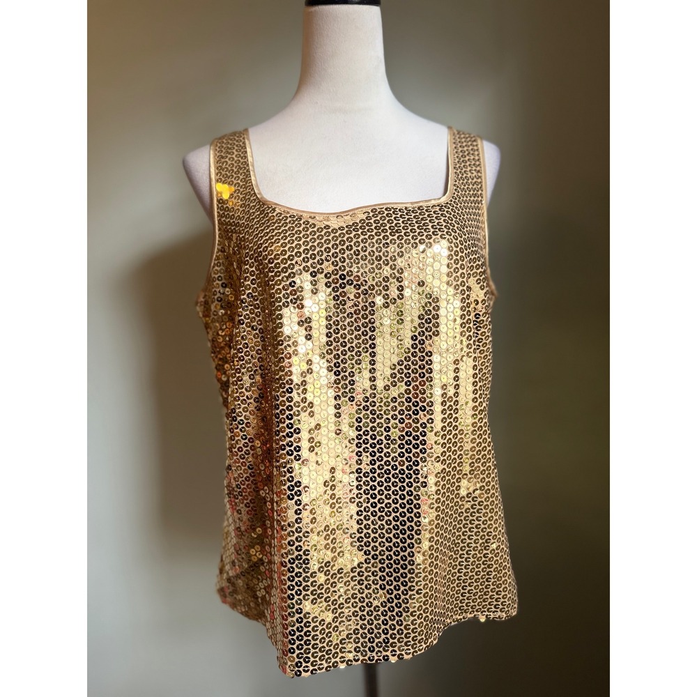 Glam fairy Gold Sequin Square‎ Neck Sleeveless Tank Top 12 party festive y2k
